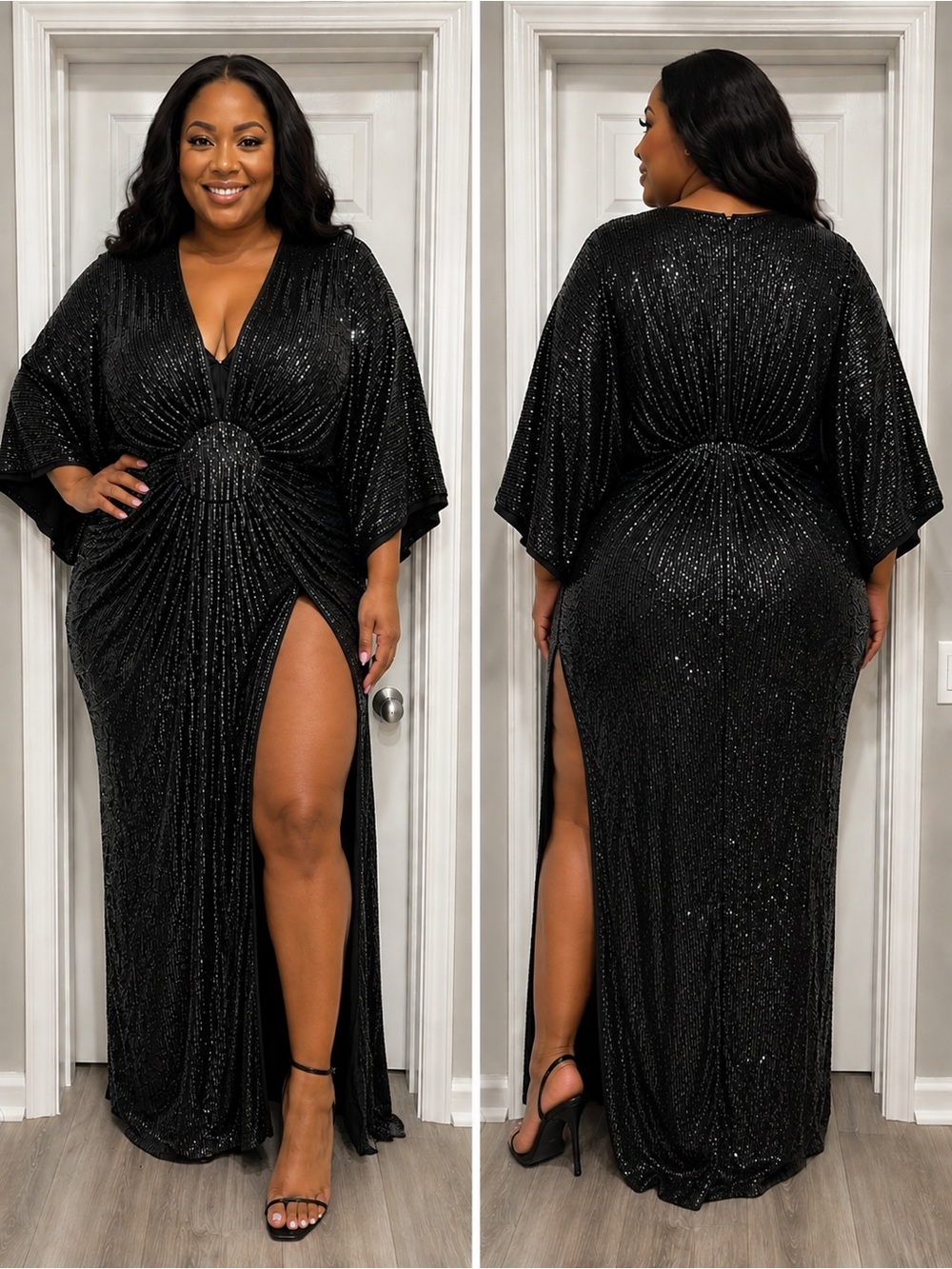 Plus-Size Pewter Green Sequin Evening Gown with High Slit